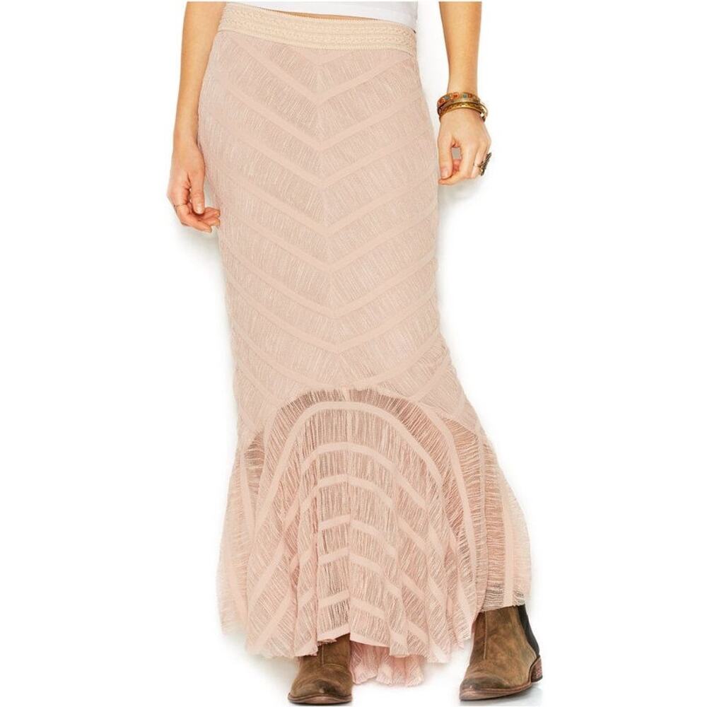 Free People | Chevron Knit Mesh Trumpette Gauzy Maxi Skirt | Blush | Size Large